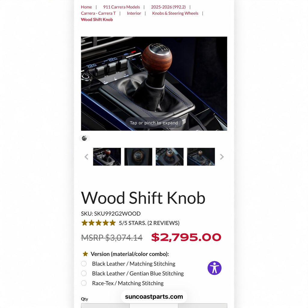 Limited Edition Carrera T style exotic layered wood shift knob for 6-speed models.