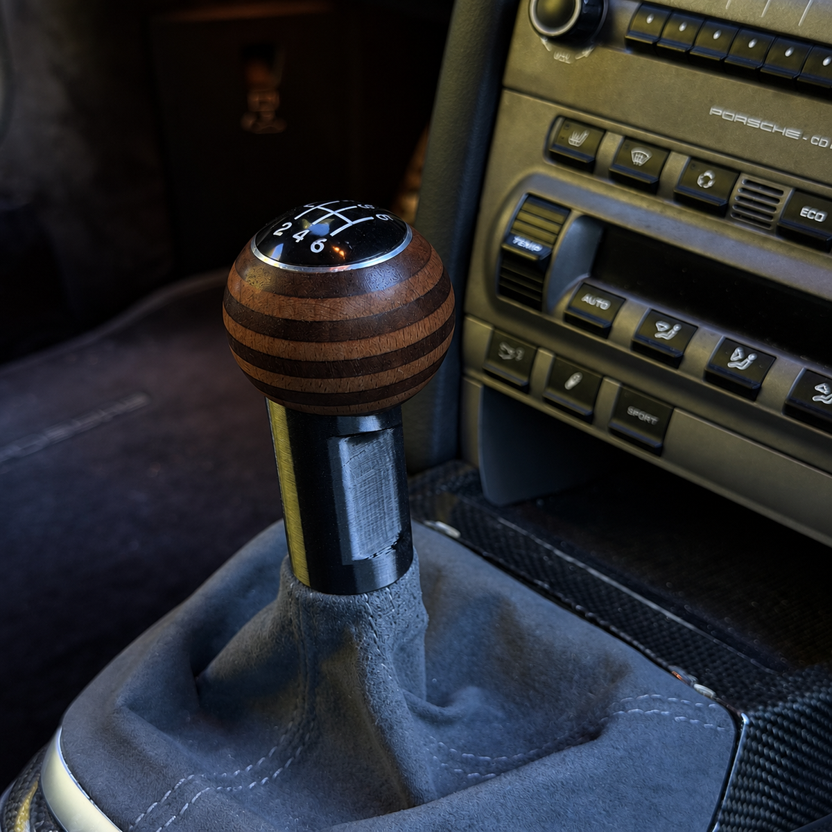 Limited Edition Carrera T style exotic layered wood shift knob for 6-speed models.
