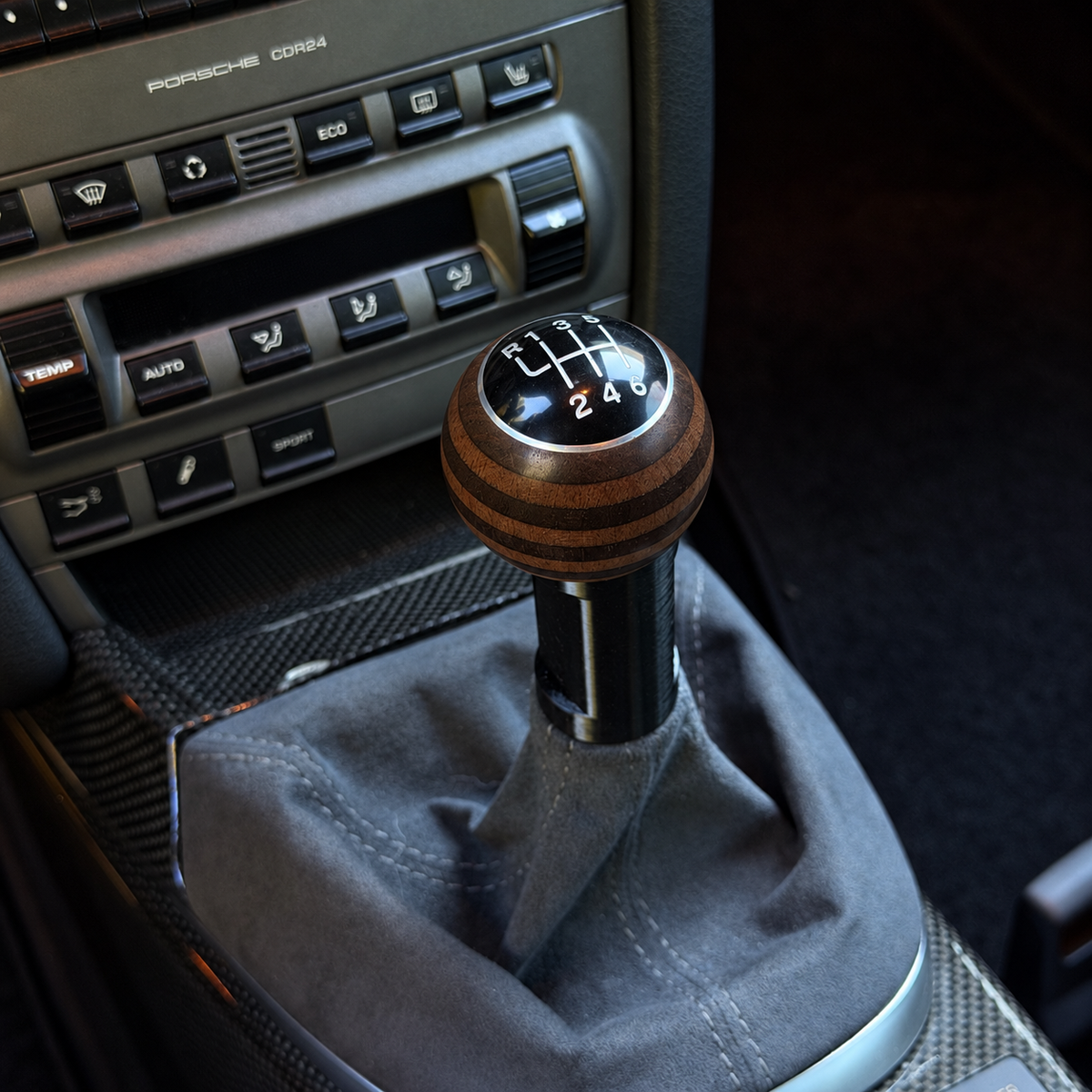 Limited Edition Carrera T style exotic layered wood shift knob for 6-speed models.