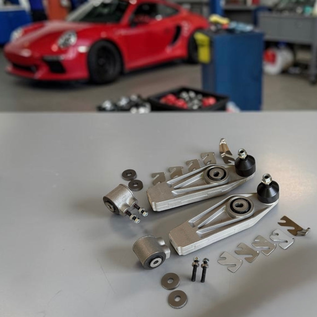 OEM GT3-style lower control arms for most 1997-present 911/Cayman/Boxster/718
